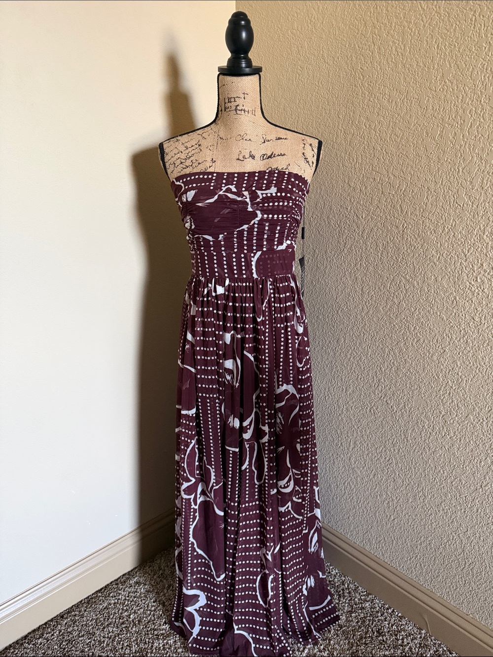 Strapless Burgundy Floral Maxi Dress